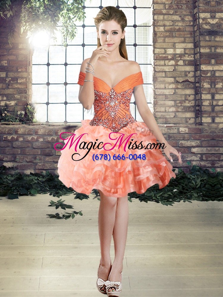 wholesale deluxe peach three pieces off the shoulder sleeveless organza brush train lace up beading and ruffled layers quince ball gowns