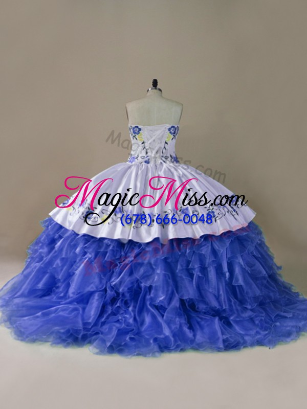 wholesale custom designed satin and organza sweetheart sleeveless brush train lace up embroidery and ruffles sweet 16 quinceanera dress in blue and white