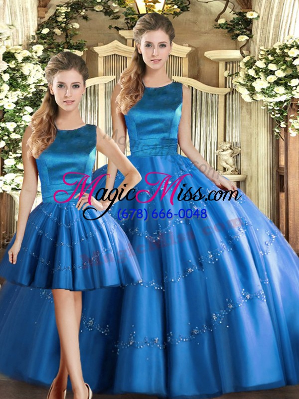 wholesale blue scoop neckline appliques ball gown prom dress sleeveless lace up