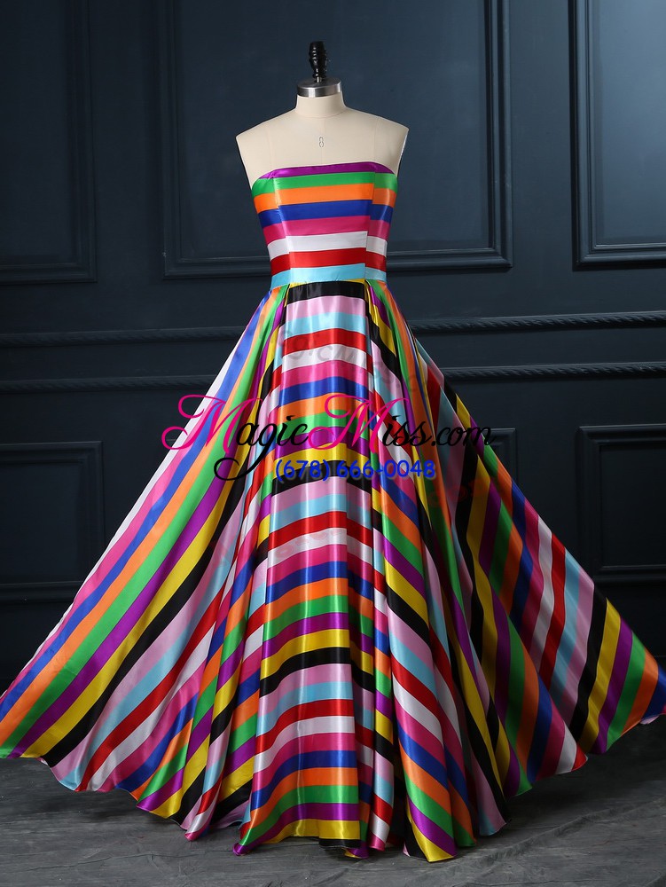 wholesale empire prom dresses multi-color strapless printed sleeveless floor length zipper