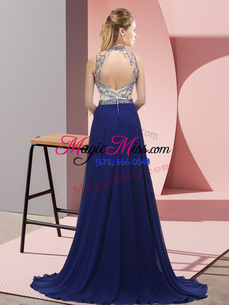 wholesale lovely blue empire chiffon halter top sleeveless beading backless prom gown brush train