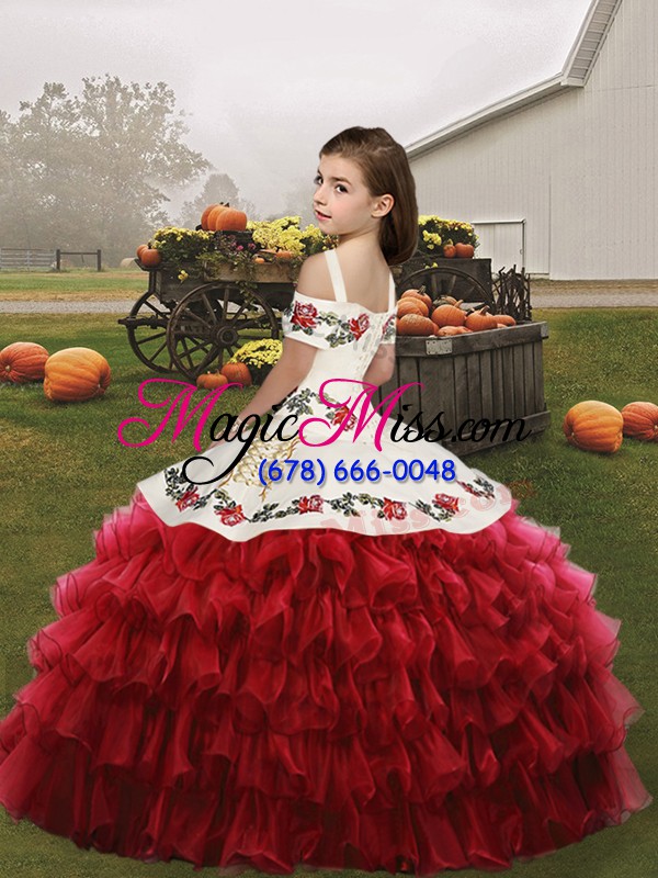 wholesale fuchsia pageant dress for teens party and military ball and wedding party with embroidery and ruffled layers spaghetti straps sleeveless lace up