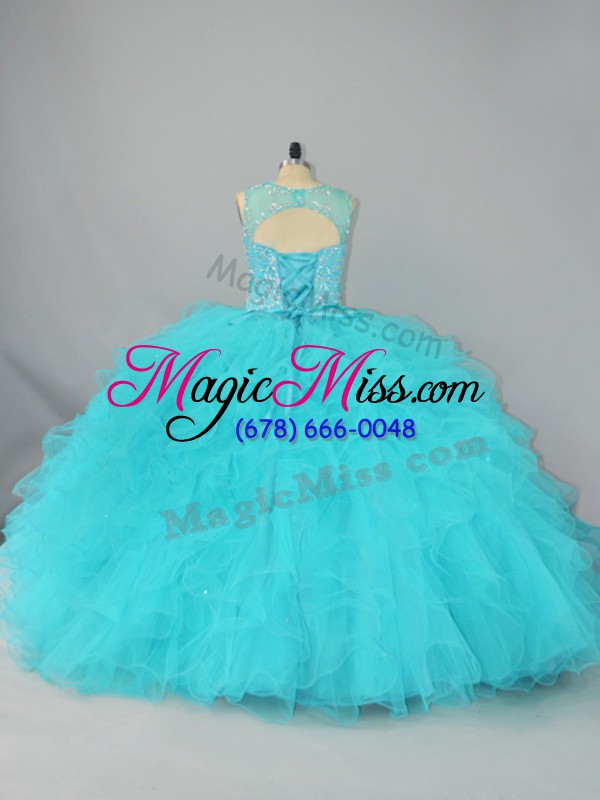 wholesale ball gowns 15th birthday dress aqua blue scoop tulle sleeveless floor length lace up