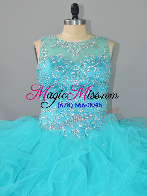 wholesale ball gowns 15th birthday dress aqua blue scoop tulle sleeveless floor length lace up