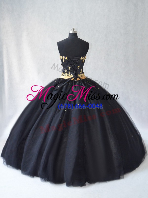 wholesale sleeveless tulle floor length lace up sweet 16 dress in black with appliques