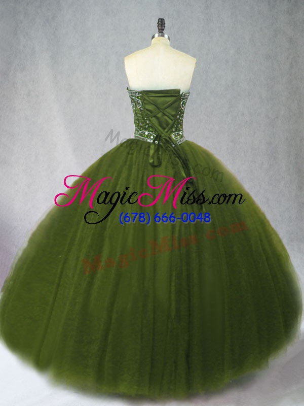 wholesale customized sleeveless floor length beading lace up ball gown prom dress with olive green