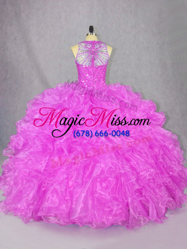 wholesale noble fuchsia ball gowns scoop sleeveless organza floor length zipper beading and ruffles quinceanera dresses