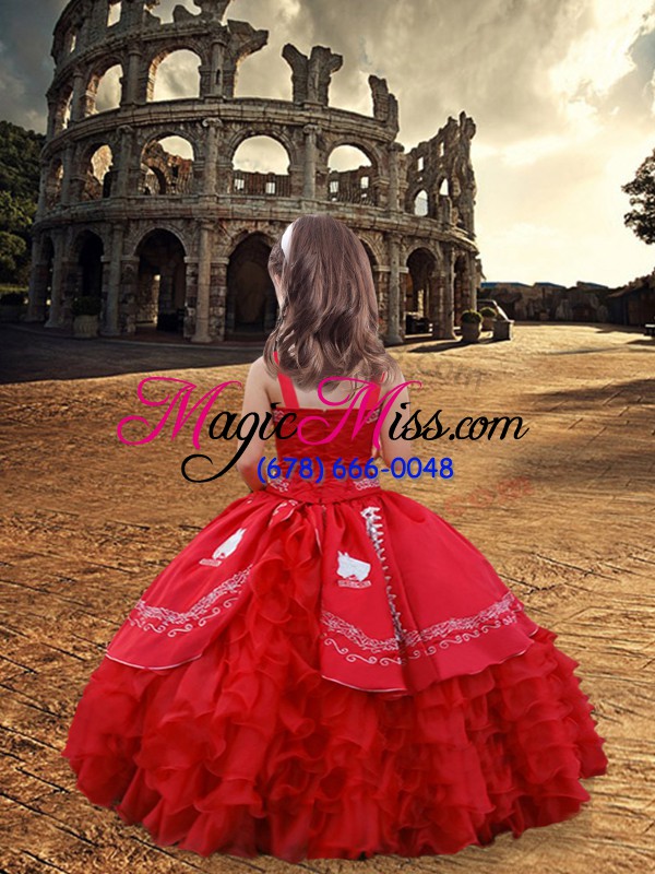 wholesale red zipper little girl pageant gowns embroidery and ruffled layers sleeveless floor length