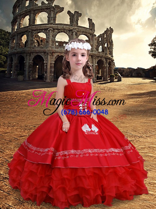 wholesale red zipper little girl pageant gowns embroidery and ruffled layers sleeveless floor length