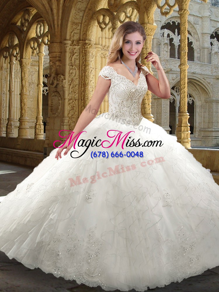 wholesale elegant white organza zipper v-neck cap sleeves floor length wedding dresses beading and ruffles