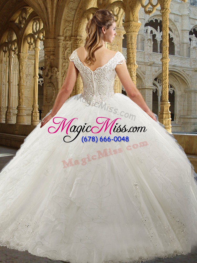 wholesale elegant white organza zipper v-neck cap sleeves floor length wedding dresses beading and ruffles