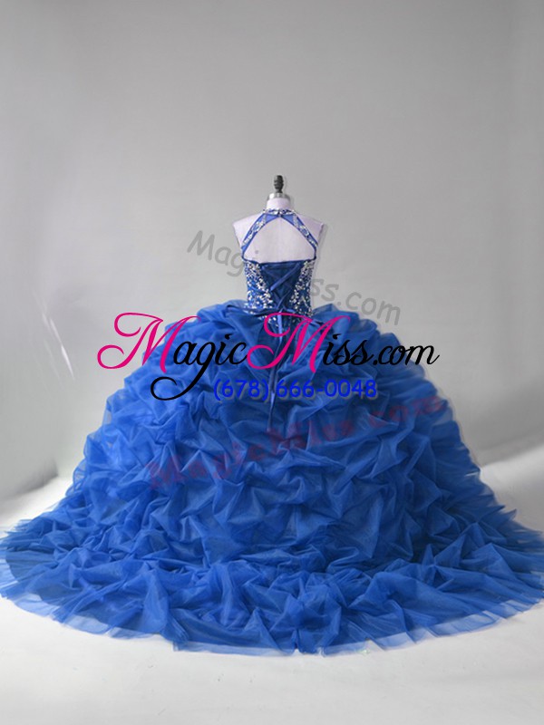 wholesale blue sleeveless court train beading and pick ups 15 quinceanera dress