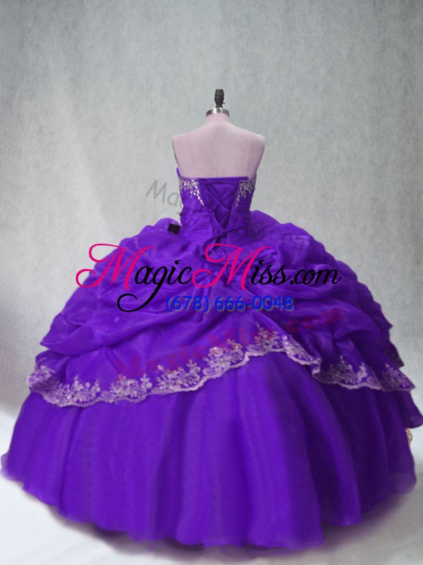 wholesale popular purple ball gowns beading and appliques and pick ups ball gown prom dress lace up organza sleeveless floor length