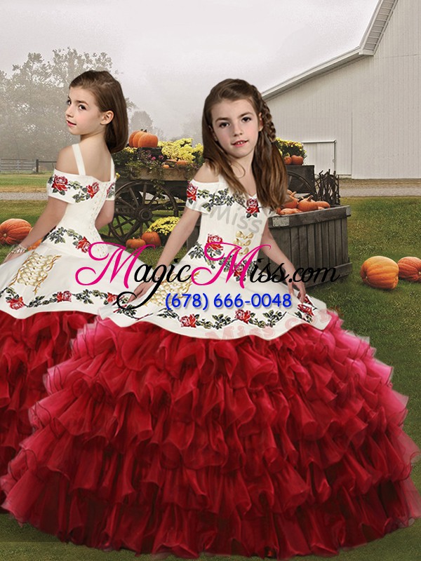 wholesale high quality wine red lace up quince ball gowns embroidery and ruffled layers sleeveless floor length