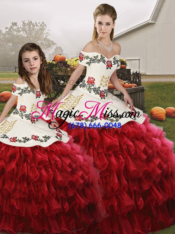 wholesale high quality wine red lace up quince ball gowns embroidery and ruffled layers sleeveless floor length