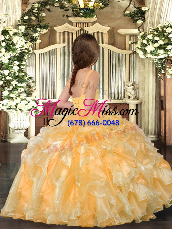 wholesale dazzling peach organza lace up little girls pageant dress sleeveless floor length ruffles