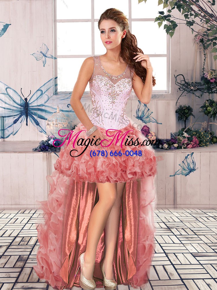 wholesale scoop sleeveless quinceanera gown floor length beading and ruffles watermelon red organza