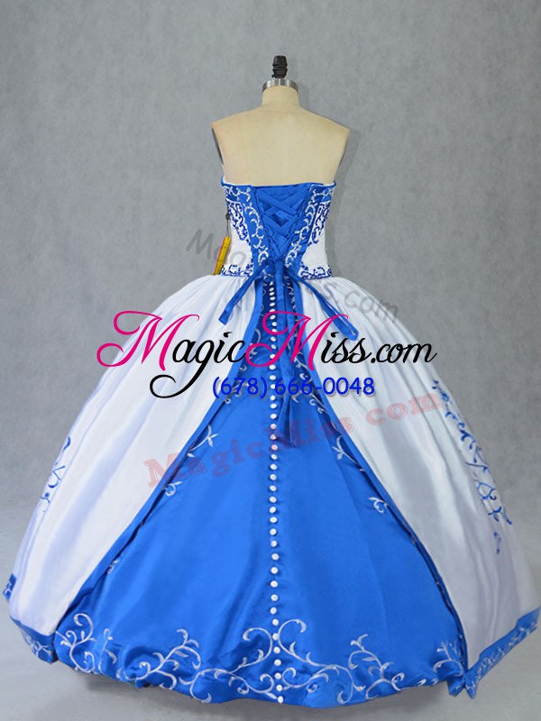 wholesale cheap ball gowns ball gown prom dress blue and white strapless satin sleeveless floor length lace up