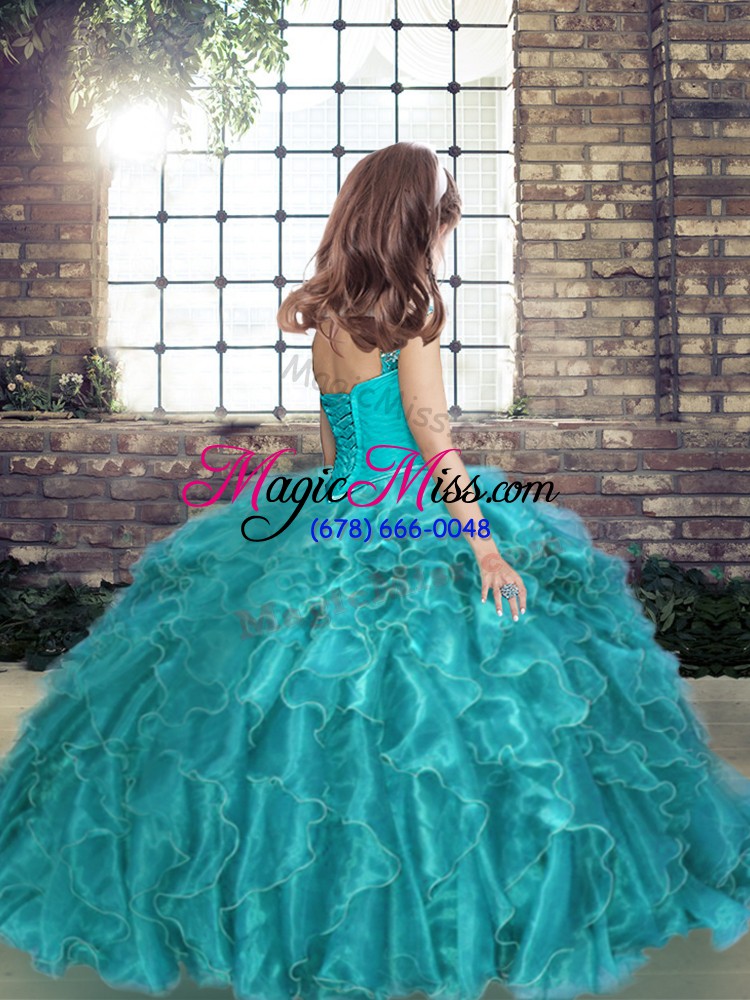 wholesale floor length aqua blue pageant dress straps sleeveless lace up