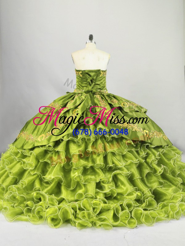 wholesale lace up ball gown prom dress olive green for sweet 16 and quinceanera with embroidery and ruffled layers brush train