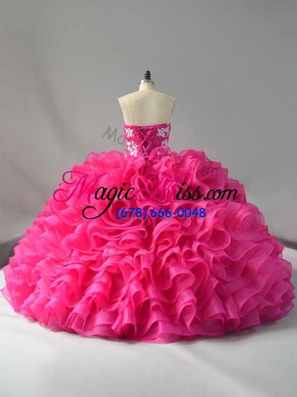 wholesale custom made hot pink organza lace up quinceanera dresses sleeveless appliques and ruffles