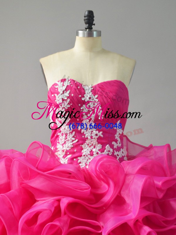 wholesale custom made hot pink organza lace up quinceanera dresses sleeveless appliques and ruffles