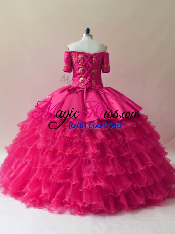 wholesale inexpensive sleeveless floor length embroidery and ruffled layers lace up quinceanera dress with fuchsia