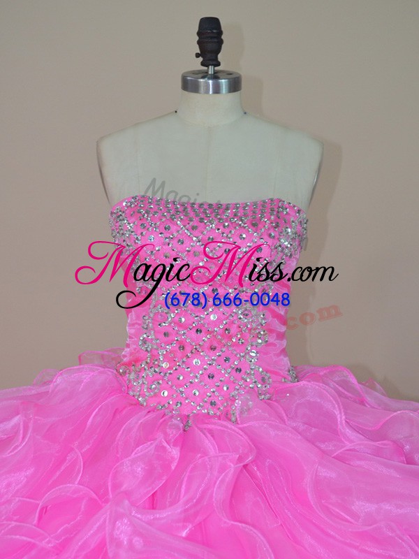 wholesale beautiful sleeveless organza floor length lace up quinceanera dress in pink with beading and ruffles