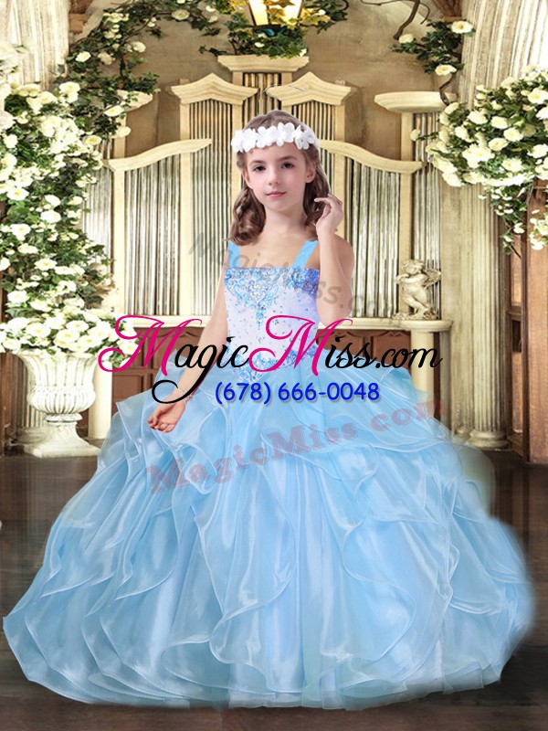 wholesale baby blue straps lace up beading and ruffles little girl pageant dress sleeveless