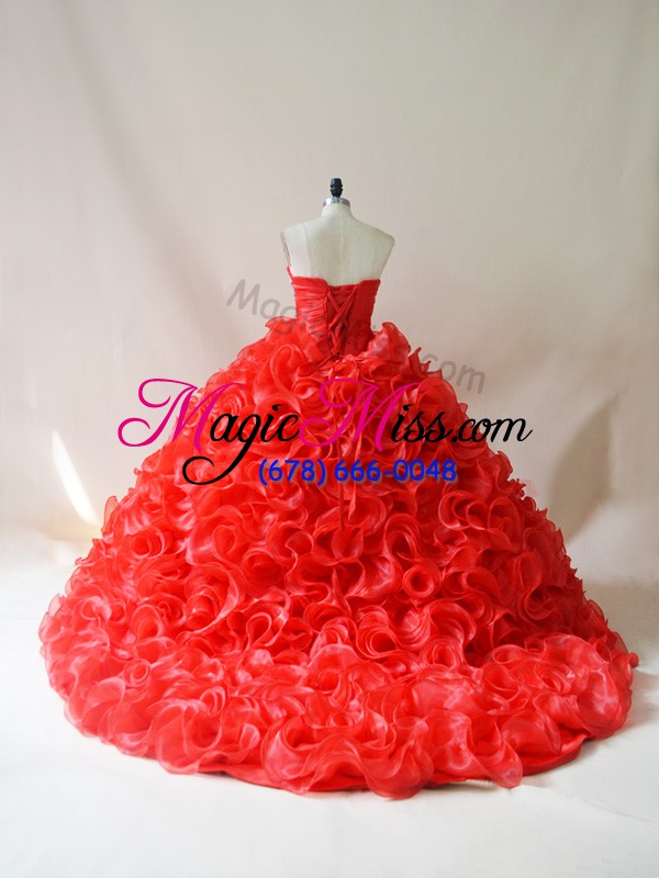 wholesale fitting red sweetheart lace up beading and ruffles quince ball gowns court train sleeveless