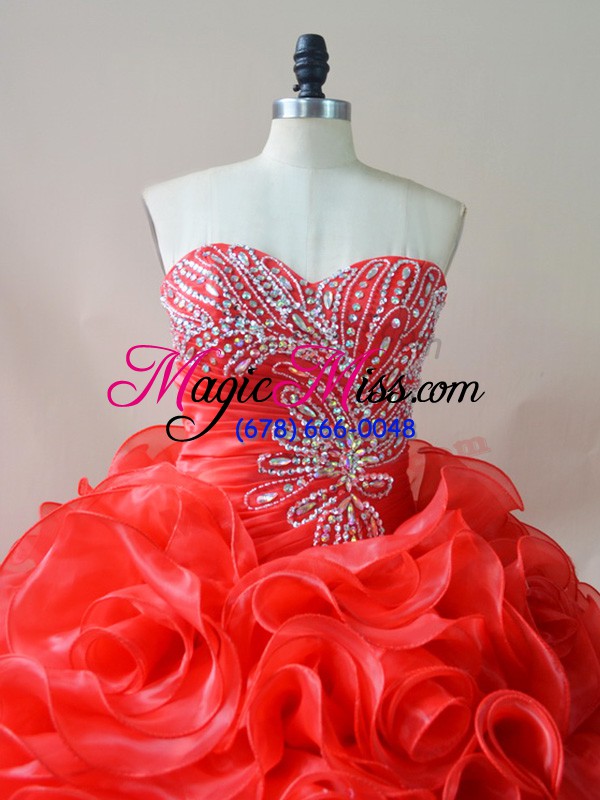 wholesale fitting red sweetheart lace up beading and ruffles quince ball gowns court train sleeveless