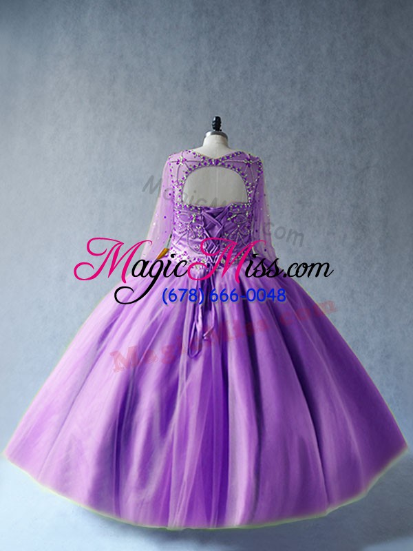 wholesale wonderful lavender ball gowns scoop long sleeves tulle floor length lace up beading ball gown prom dress