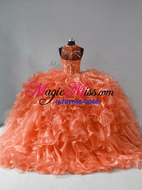 wholesale sweet sleeveless brush train beading and ruffles zipper ball gown prom dress