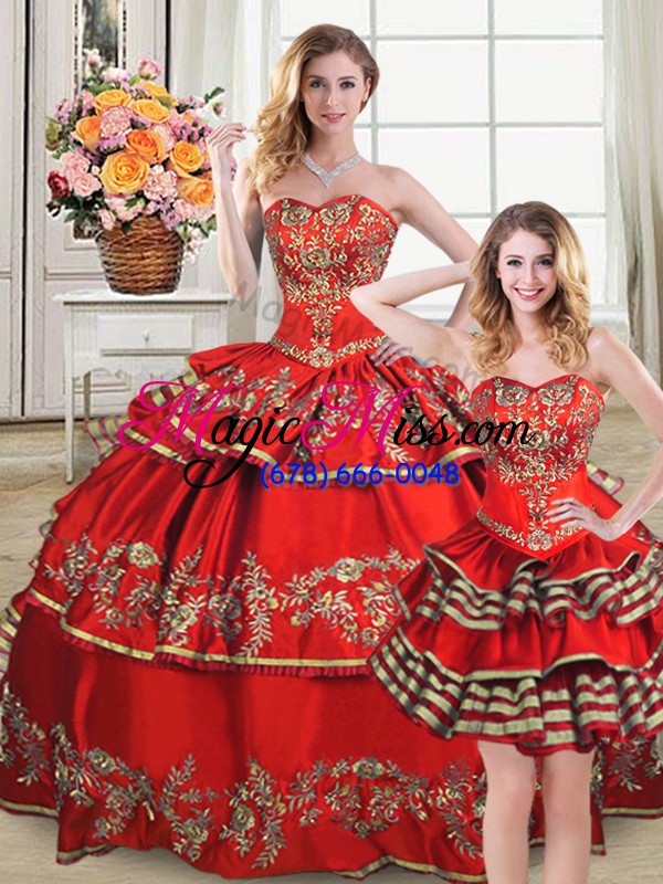 wholesale elegant red lace up sweetheart embroidery and ruffled layers quinceanera dress satin and organza sleeveless