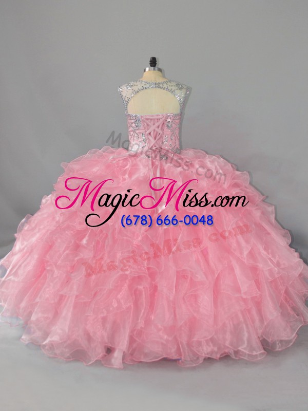 wholesale organza scoop sleeveless lace up beading and ruffles vestidos de quinceanera in pink