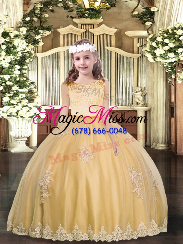 wholesale gold ball gowns scoop sleeveless tulle floor length zipper appliques pageant dress for teens