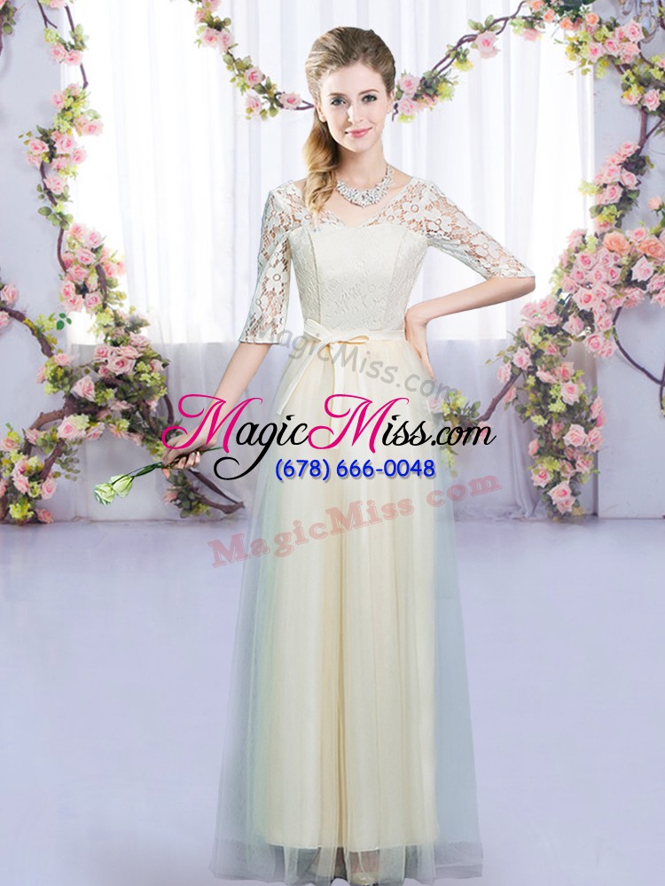 wholesale floor length champagne quinceanera dama dress tulle half sleeves lace and bowknot