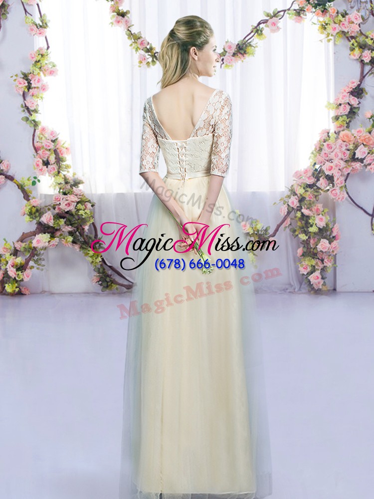 wholesale floor length champagne quinceanera dama dress tulle half sleeves lace and bowknot