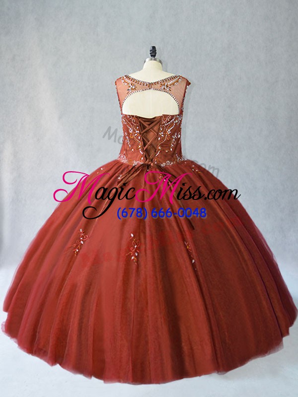 wholesale latest sleeveless tulle floor length lace up quince ball gowns in rust red with beading