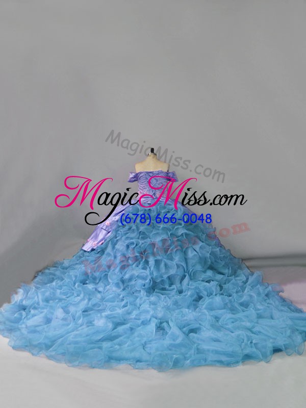 wholesale fancy blue sleeveless organza chapel train lace up 15 quinceanera dress for sweet 16 and quinceanera