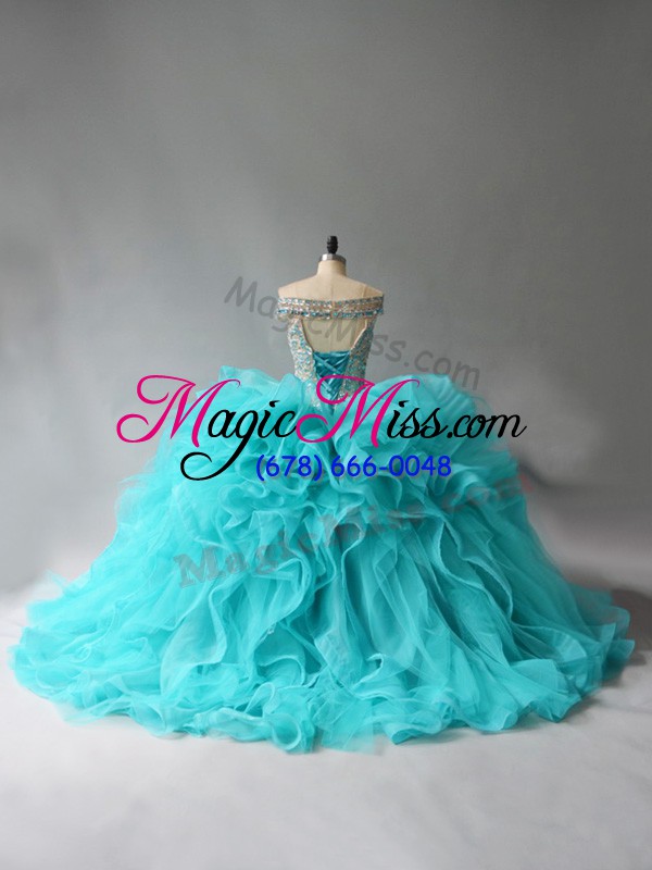 wholesale aqua blue organza lace up quinceanera dresses sleeveless brush train beading and ruffles