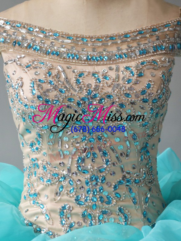 wholesale aqua blue organza lace up quinceanera dresses sleeveless brush train beading and ruffles