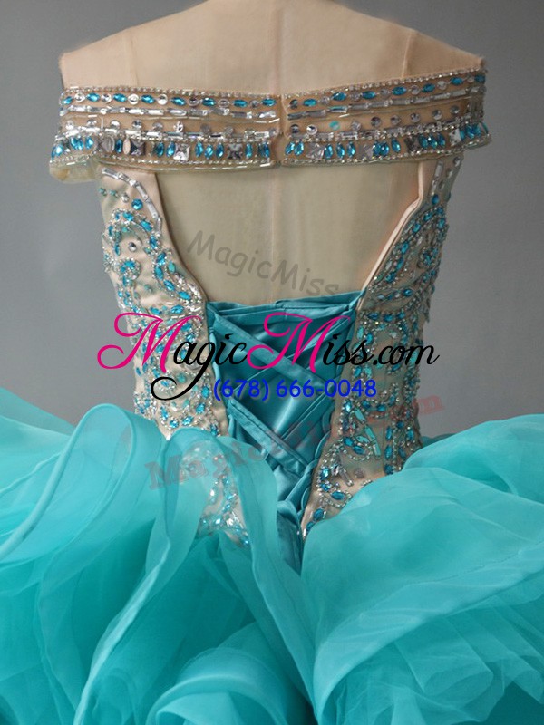 wholesale aqua blue organza lace up quinceanera dresses sleeveless brush train beading and ruffles