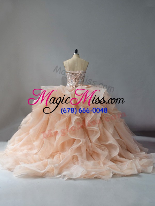 wholesale champagne and pink and white lace up quinceanera dresses beading and ruffles sleeveless brush train