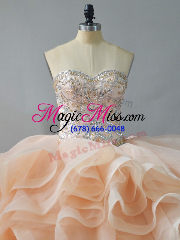 wholesale champagne and pink and white lace up quinceanera dresses beading and ruffles sleeveless brush train