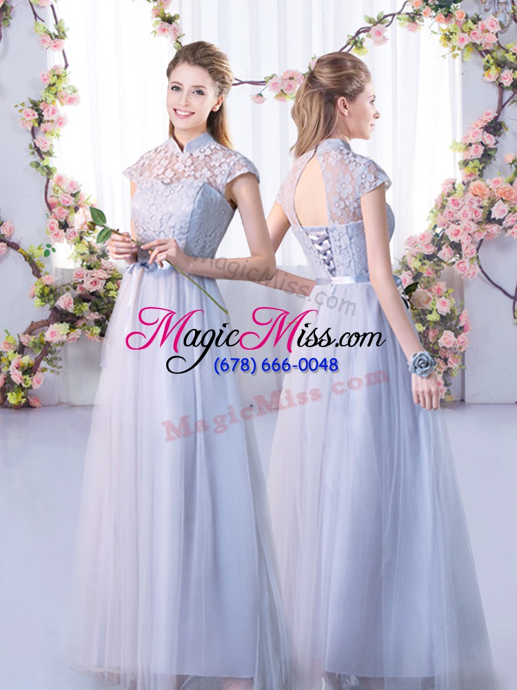 wholesale floor length grey wedding guest dresses high-neck cap sleeves lace up