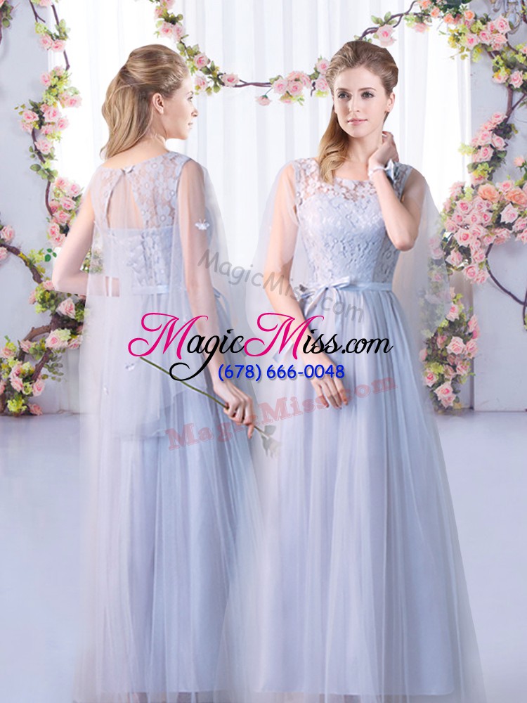 wholesale floor length grey wedding guest dresses high-neck cap sleeves lace up