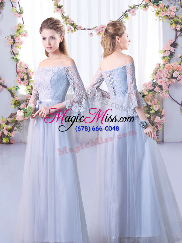 wholesale floor length grey wedding guest dresses high-neck cap sleeves lace up