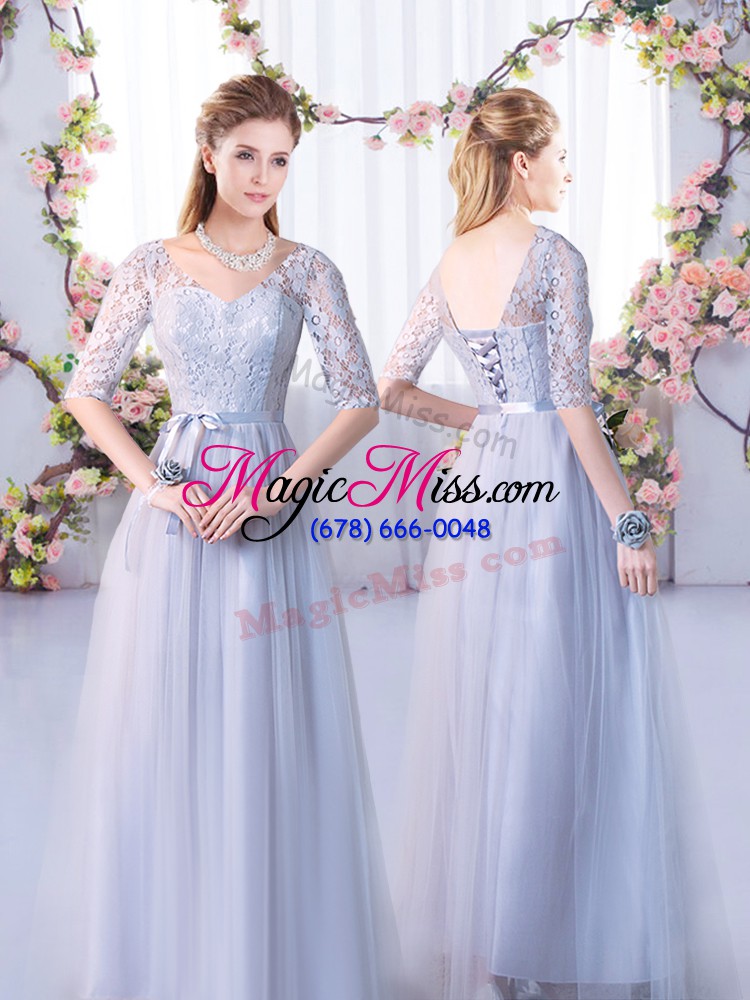 wholesale floor length grey wedding guest dresses high-neck cap sleeves lace up