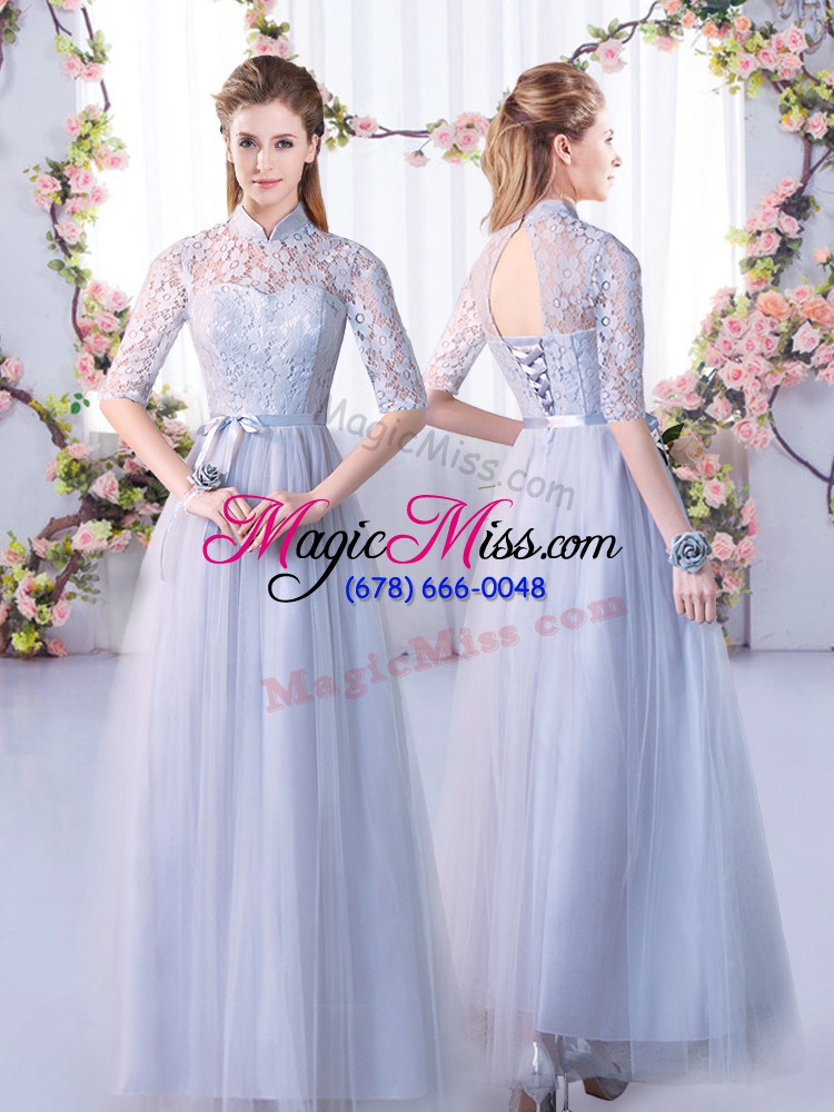 wholesale floor length grey wedding guest dresses high-neck cap sleeves lace up